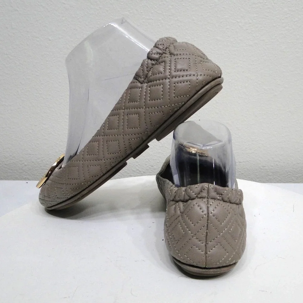 Tory Burch Minnie Travel Ballet Flats Quilted Leather Taupe Grey Gold Logo